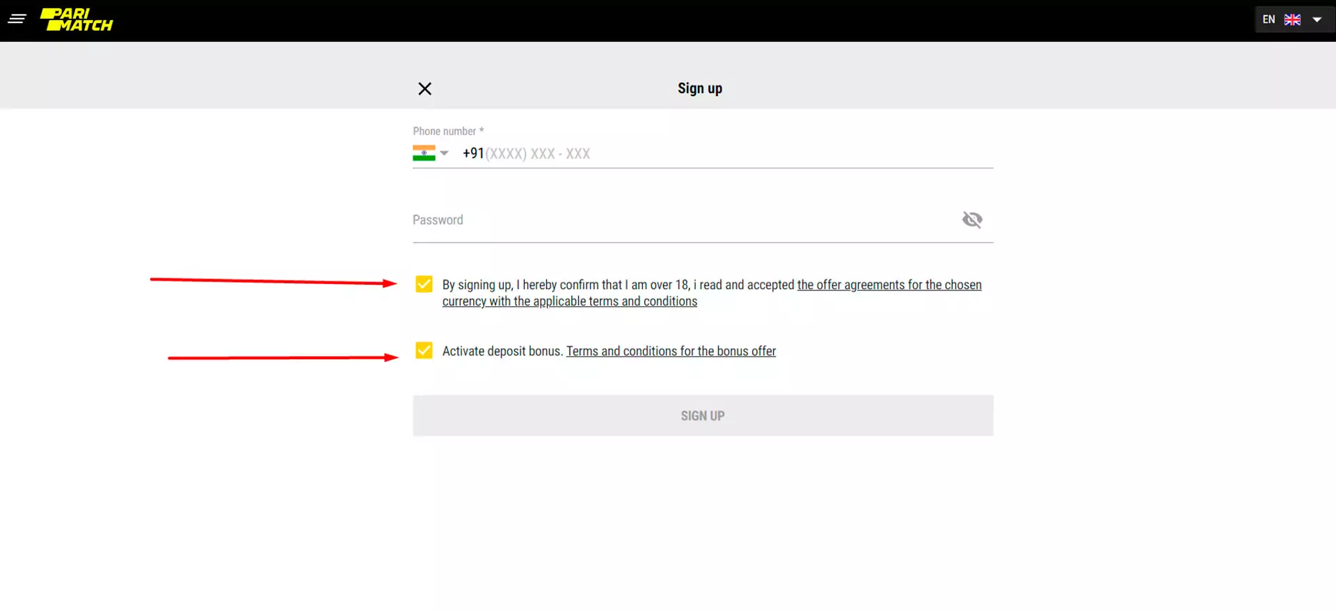 Complete the registration process on Parimatch by tapping on the "Sign up" button below.