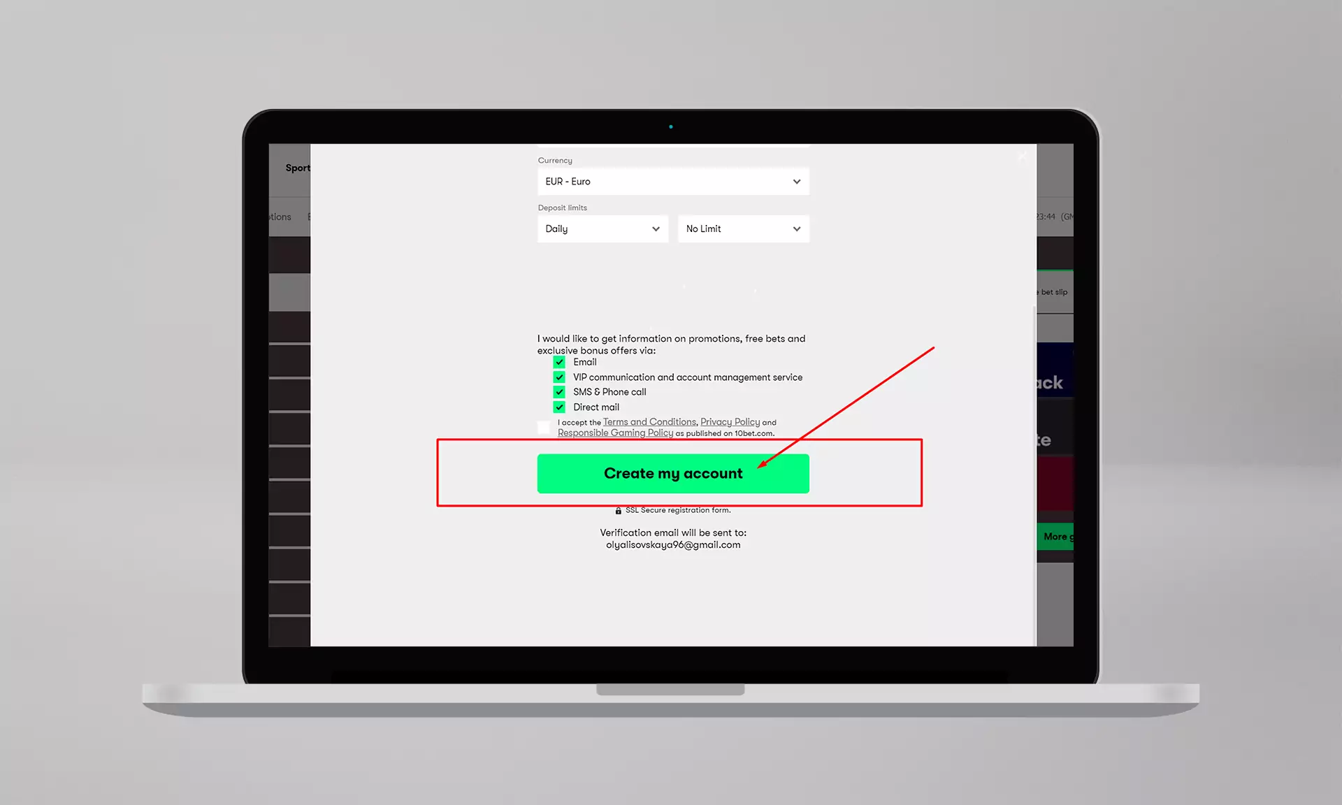 Press 'Create my account' and start betting.