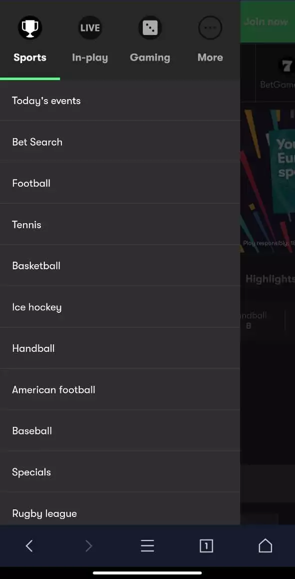 10Bet mobile app menu.