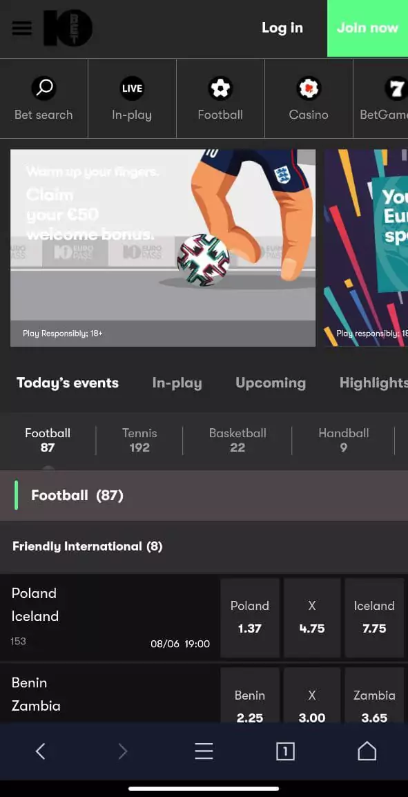 10Bet mobile app homepage.