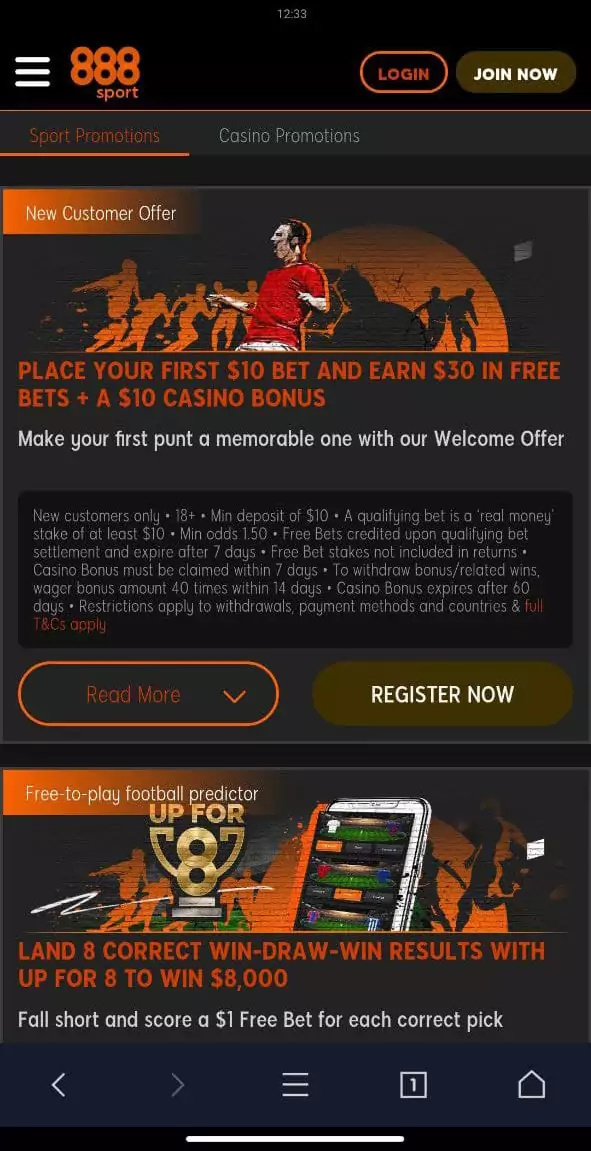 Bonuses in the 888sport mobile app.