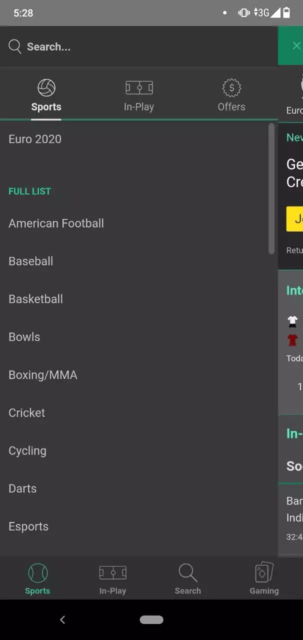 Bet365 Mobile App Main Menu.