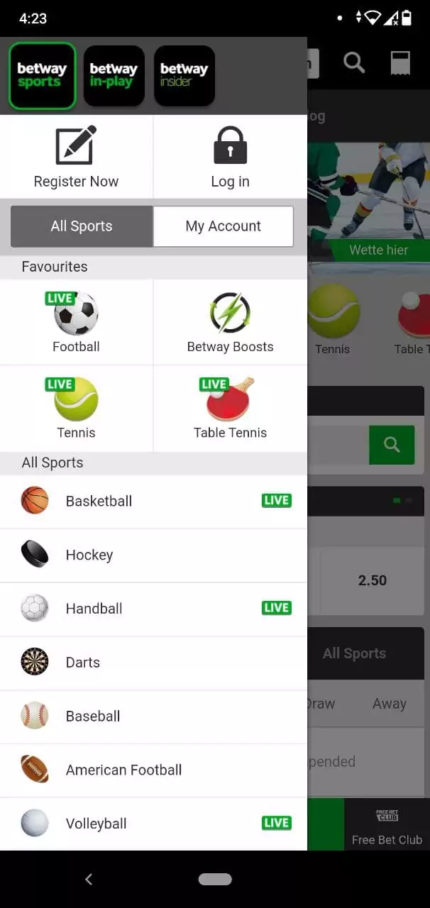 Betway Mobile App Main Menu.