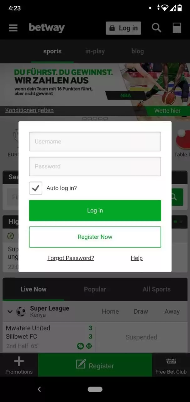 Log in Form in Betway Mobile App.