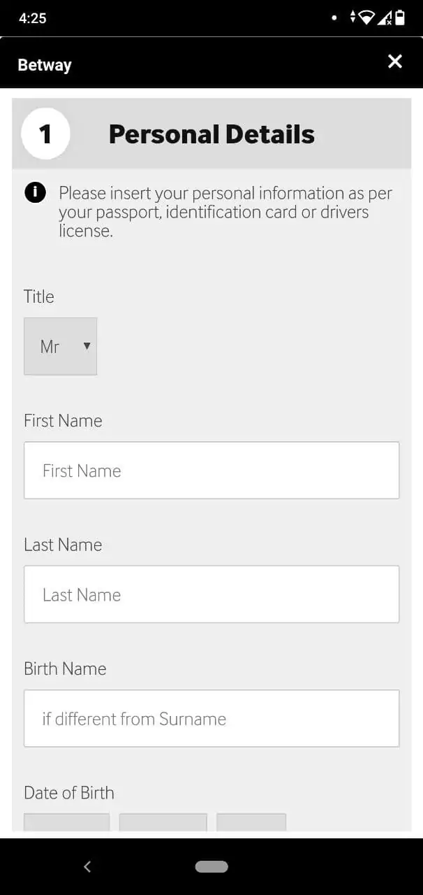 Registration Form in Betway Mobile App.