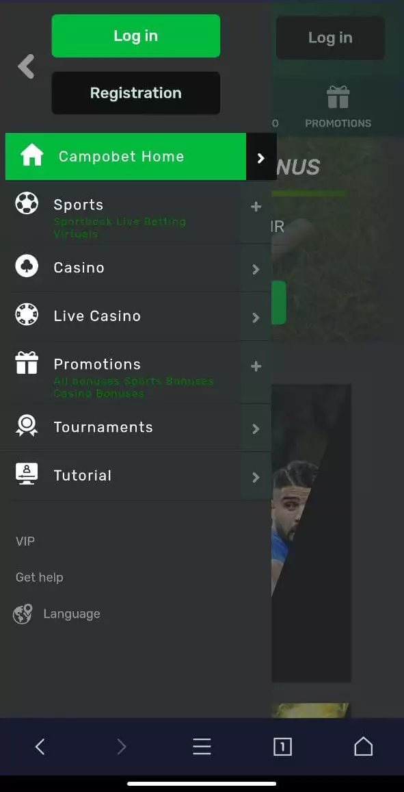 Campobet mobile app menu.