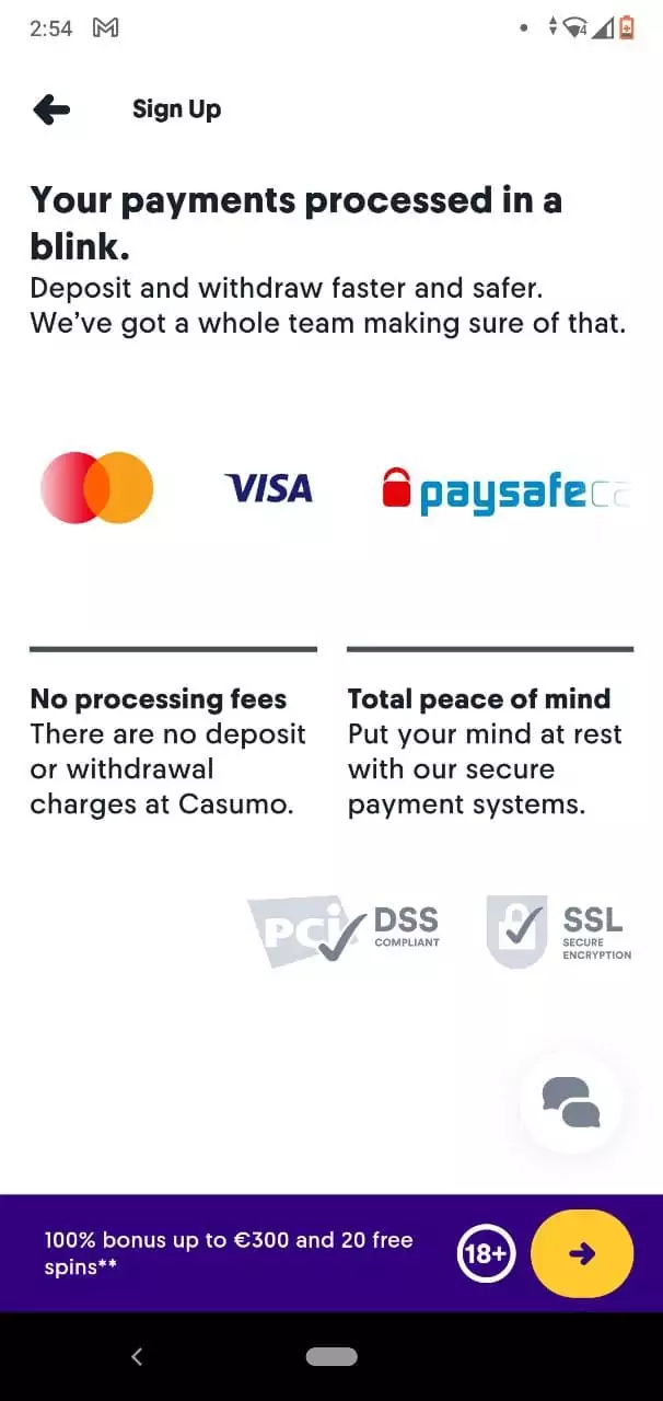 Payment Methods in Casumo Mobile App.