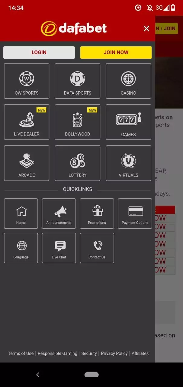 Home screen of Dafabet Mobile App.