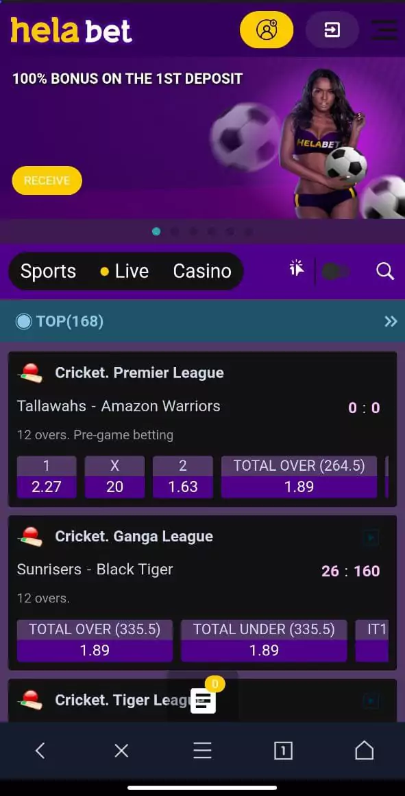 Helabet mobile app homepage.