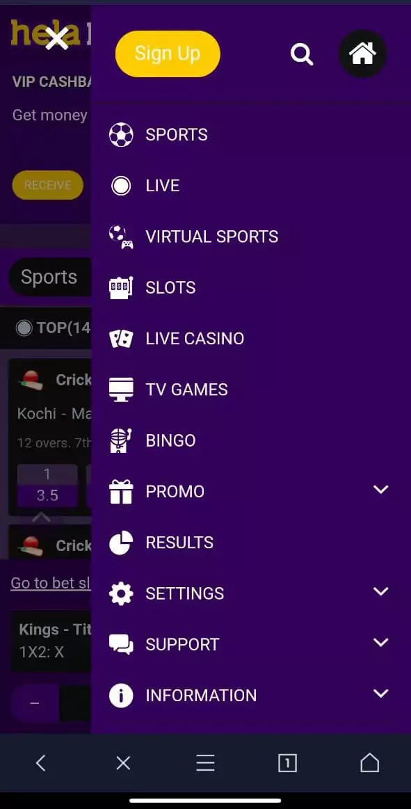 Helabet mobile app menu.