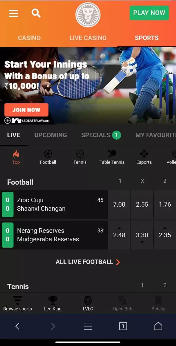LeoVegas mobile app homepage.