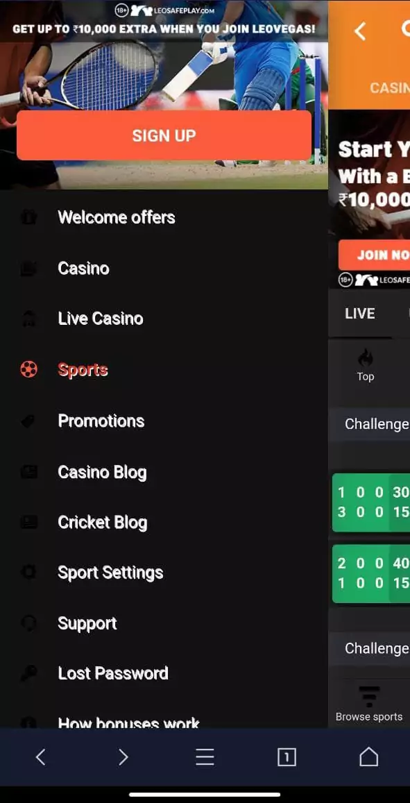 LeoVegas mobile app menu.