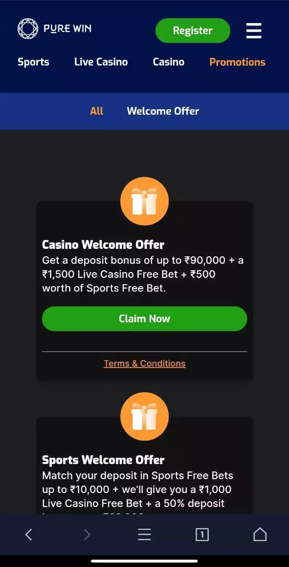 Bonuses in the Pure Win mobile app.