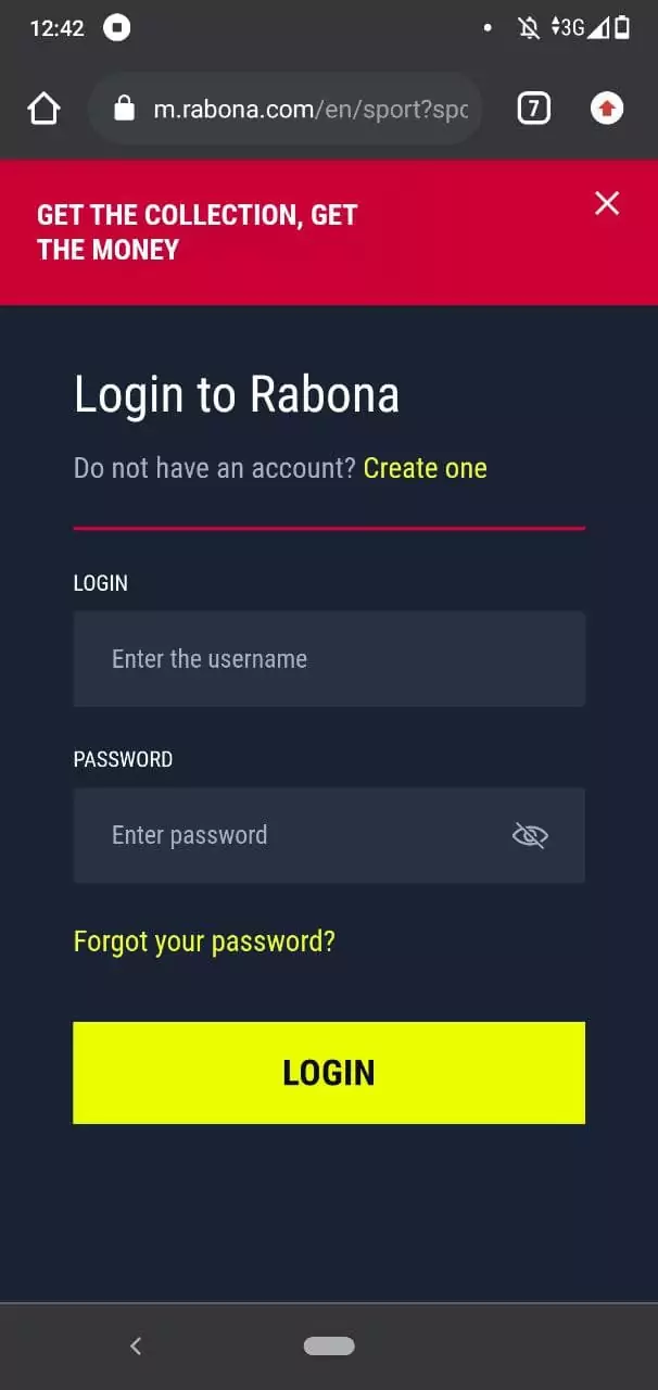 Login in Rabona Mobile App.