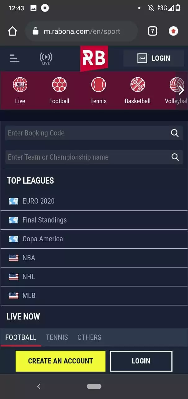 Sports Betting Section in Rabona App.