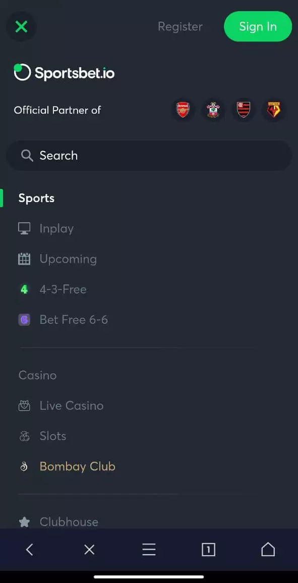 Sportsbet mobile app menu.