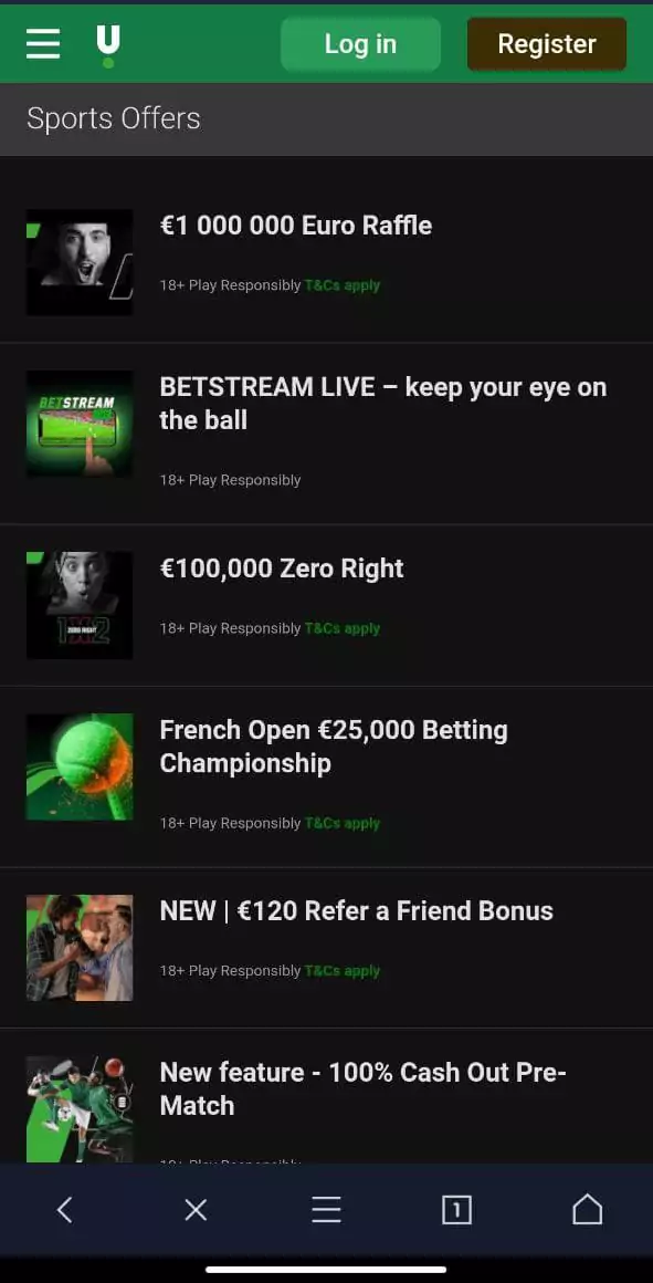 Bonuses in the Unibet mobile app.