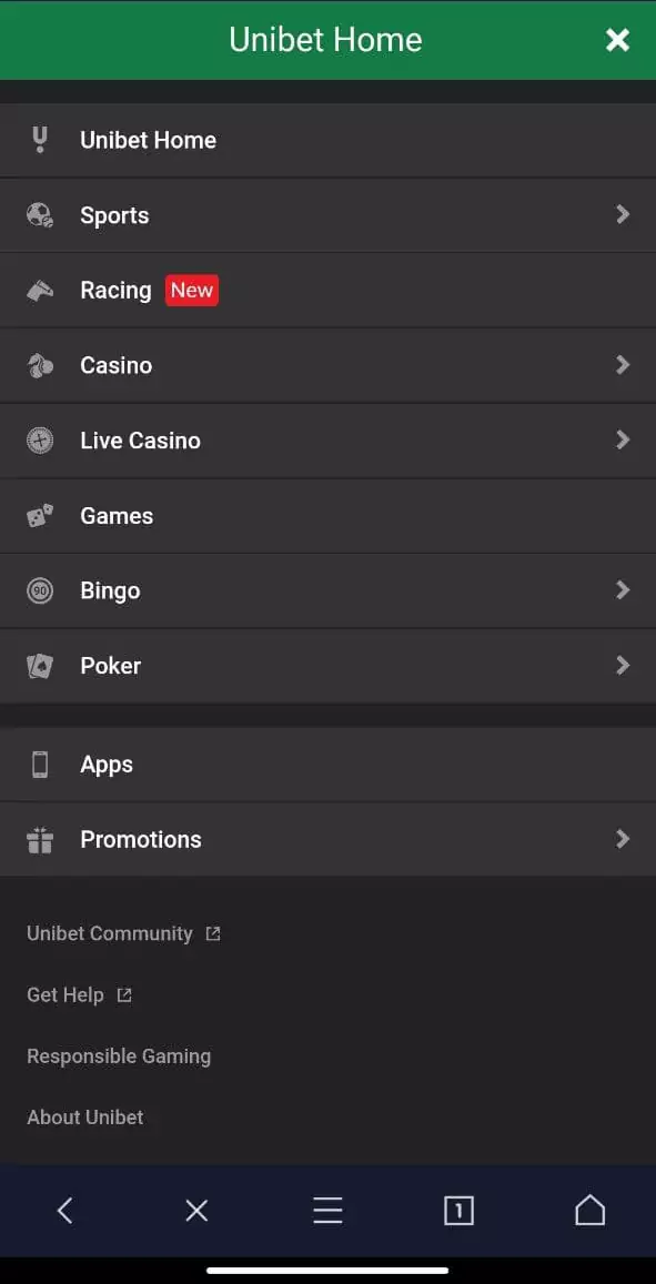 Unibet mobile app menu.