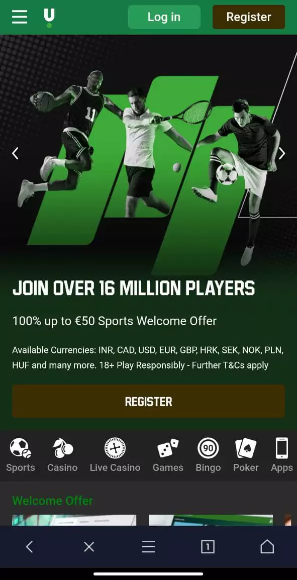 Unibet mobile app homepage.