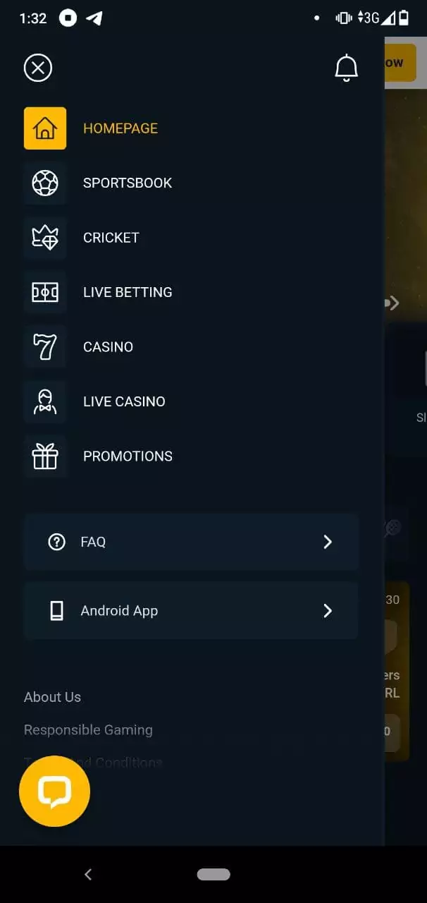 Rajabets App Main Menu.