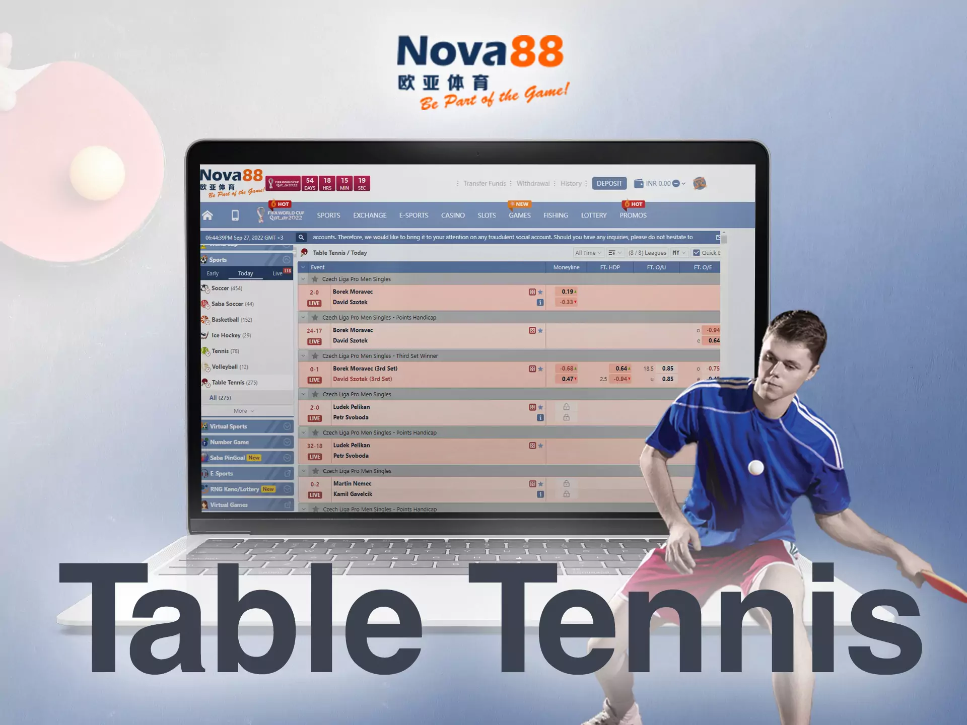 In the Nova88 sportsbook, you find table tennis matches available for betting.