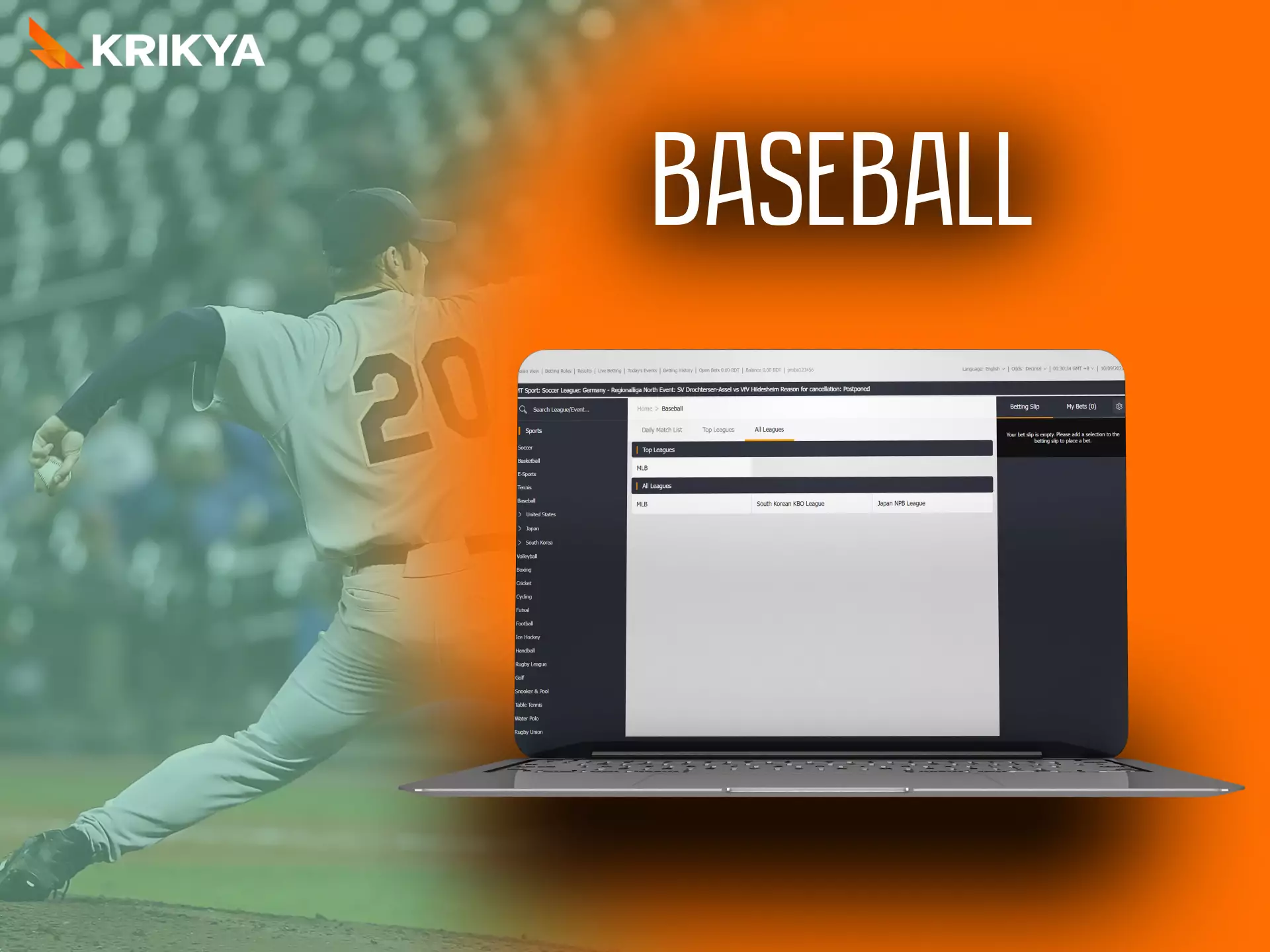 On Krikya, place bets on baseball matches.