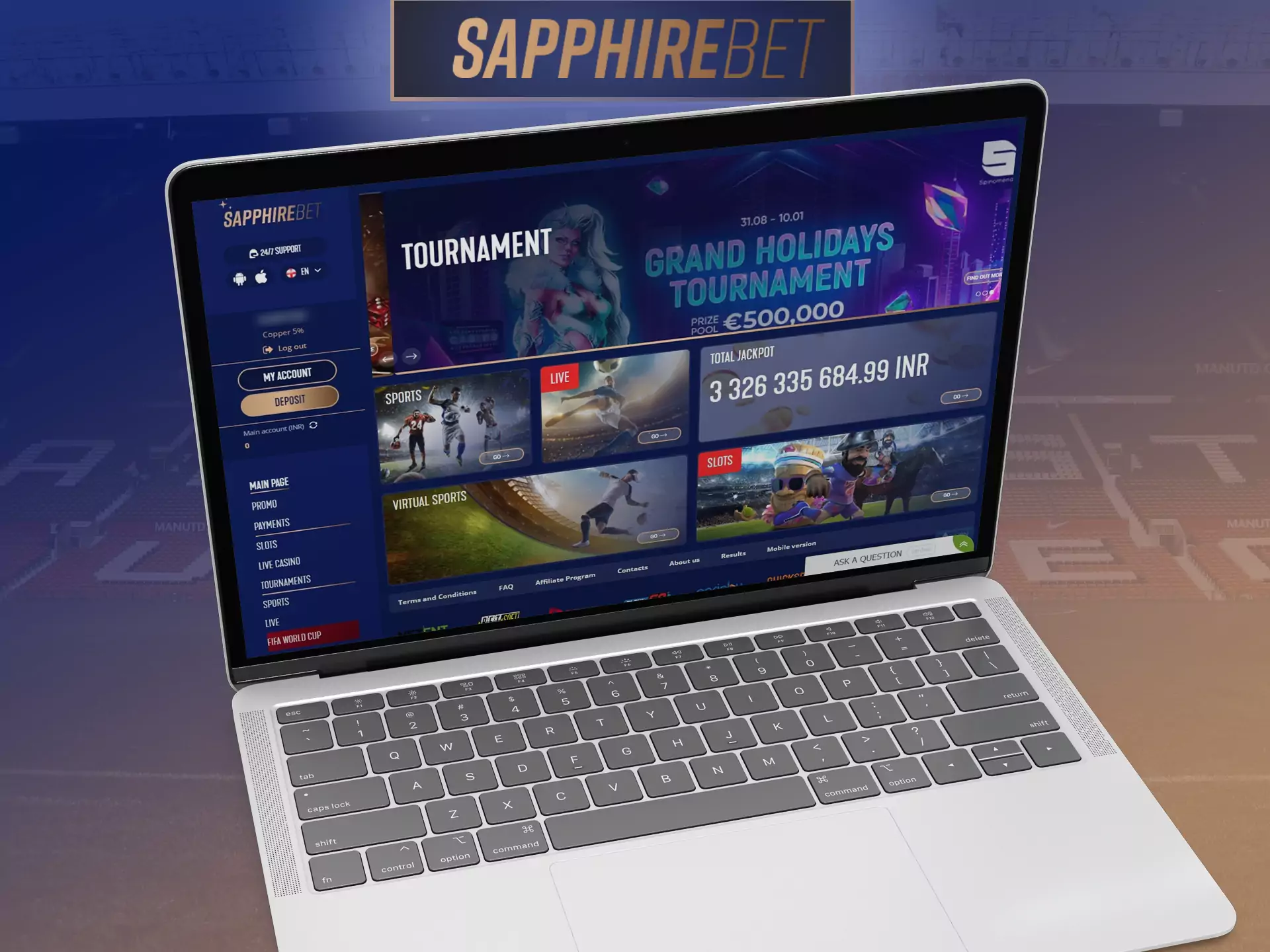 The official website of Sapphirebet offers convenient use and access to all functions and bonuses.