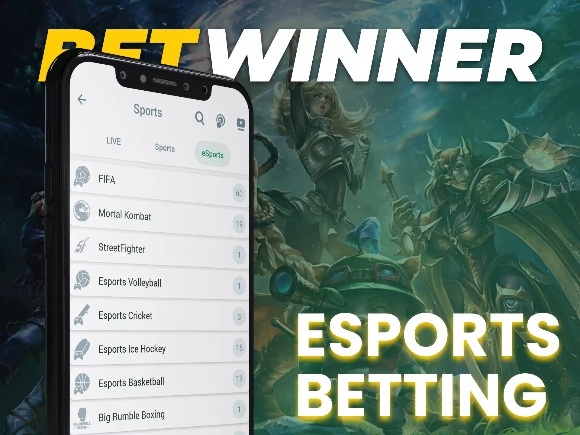 Bet on esports if you're a true fan on the Betwinner app.