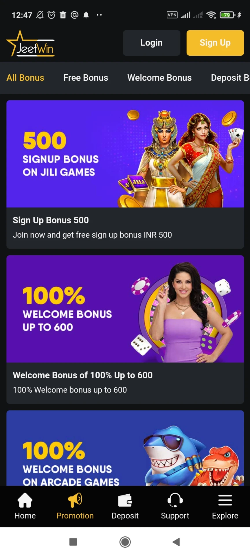 Bonuses in the Jeetwin app.