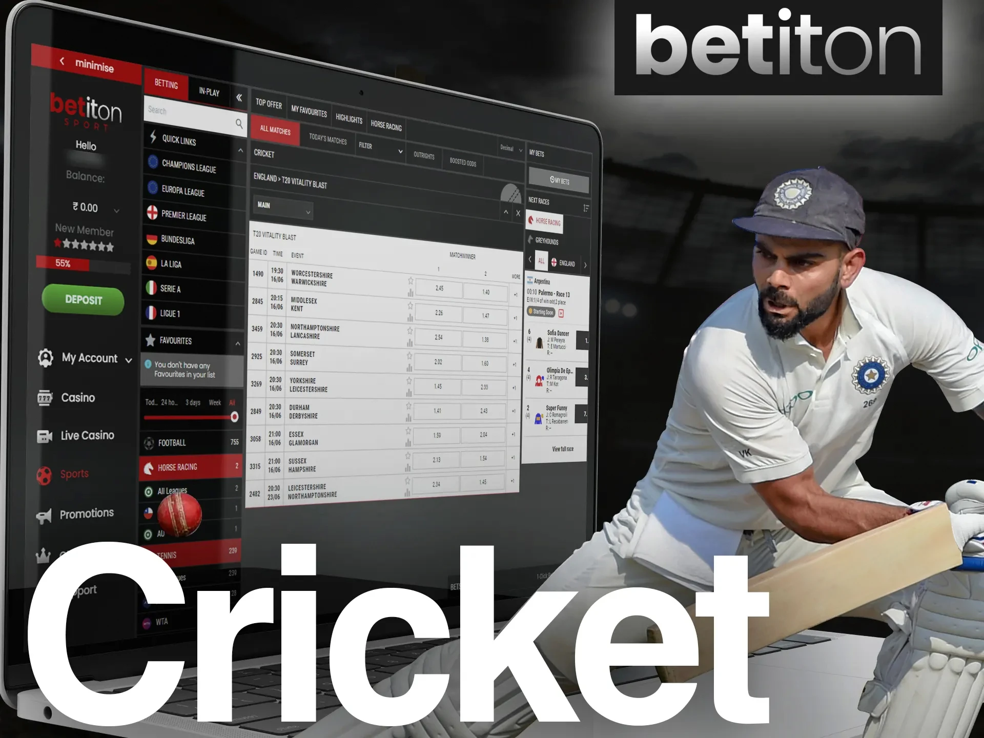 Bet on your favorite cricket team on the Betiton sports page.