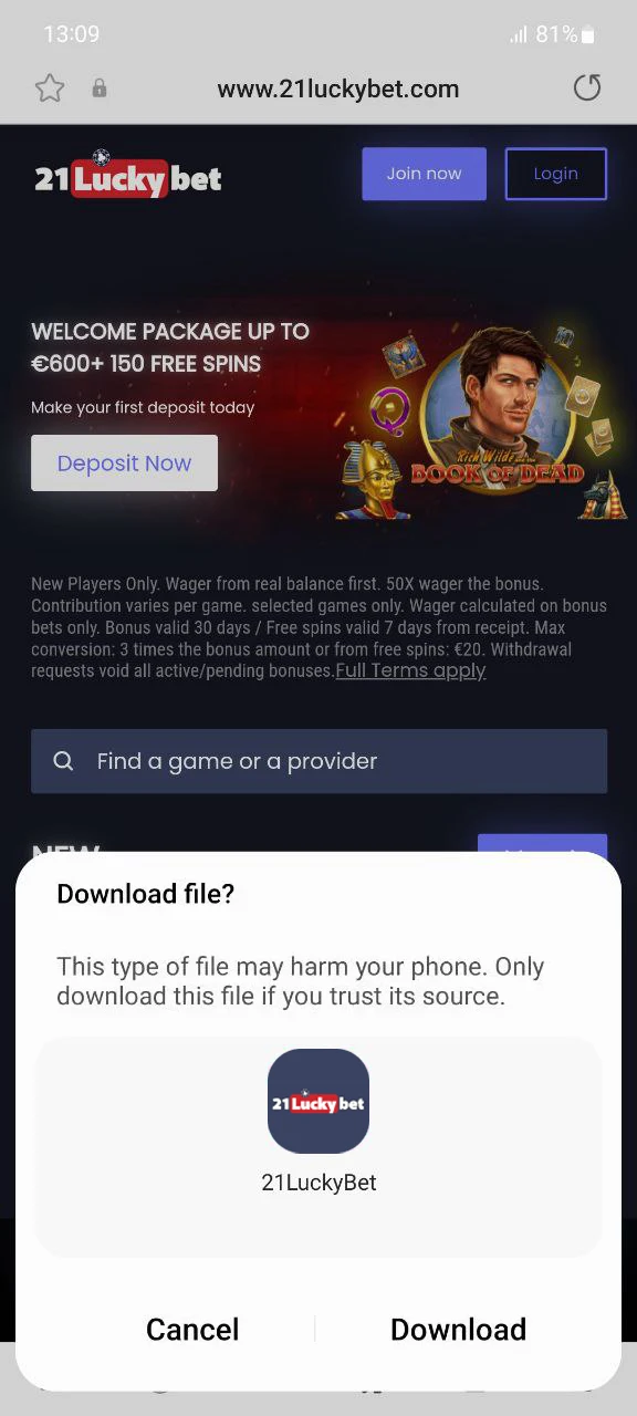 Confirm the installation of 21luckybet app on your phone.