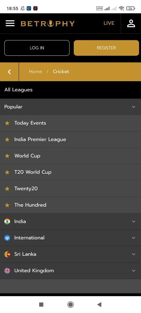 In the Betrophy app, bet on cricket and other sports.