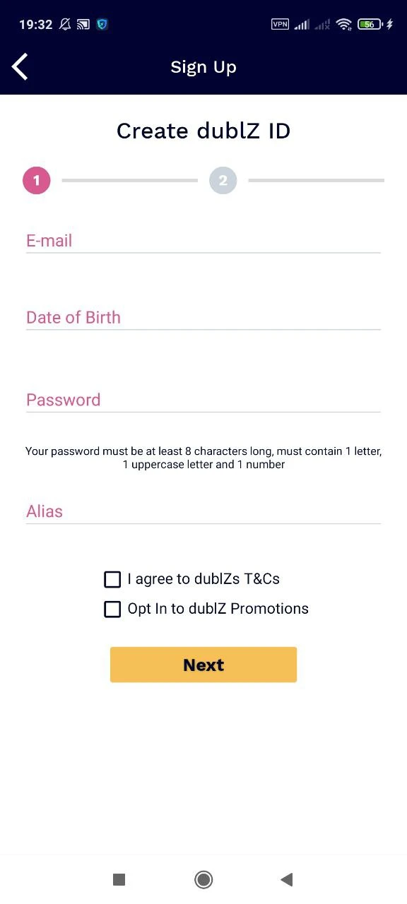 The Dublz app has a simple registration process.