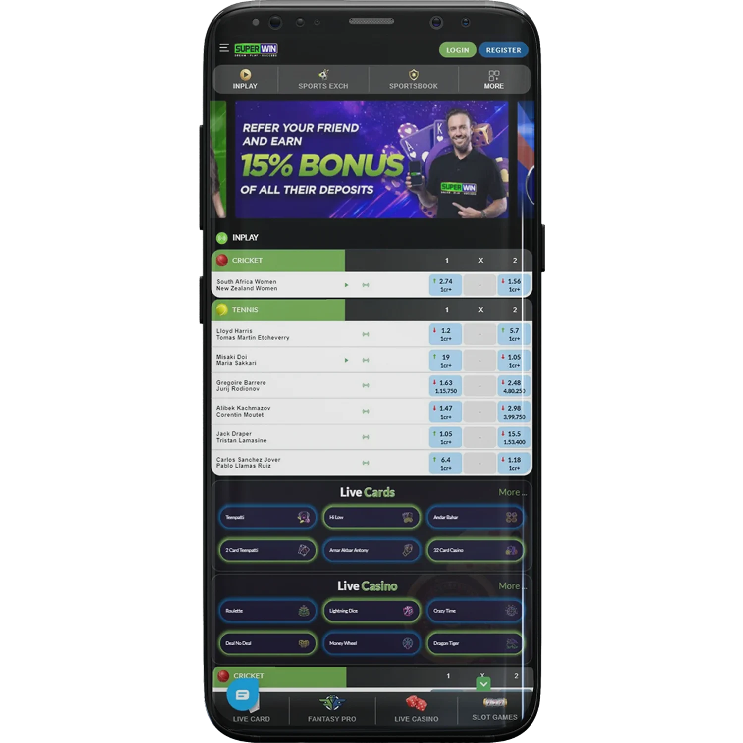 With the Superwin app, bet on sports and play in casinos.