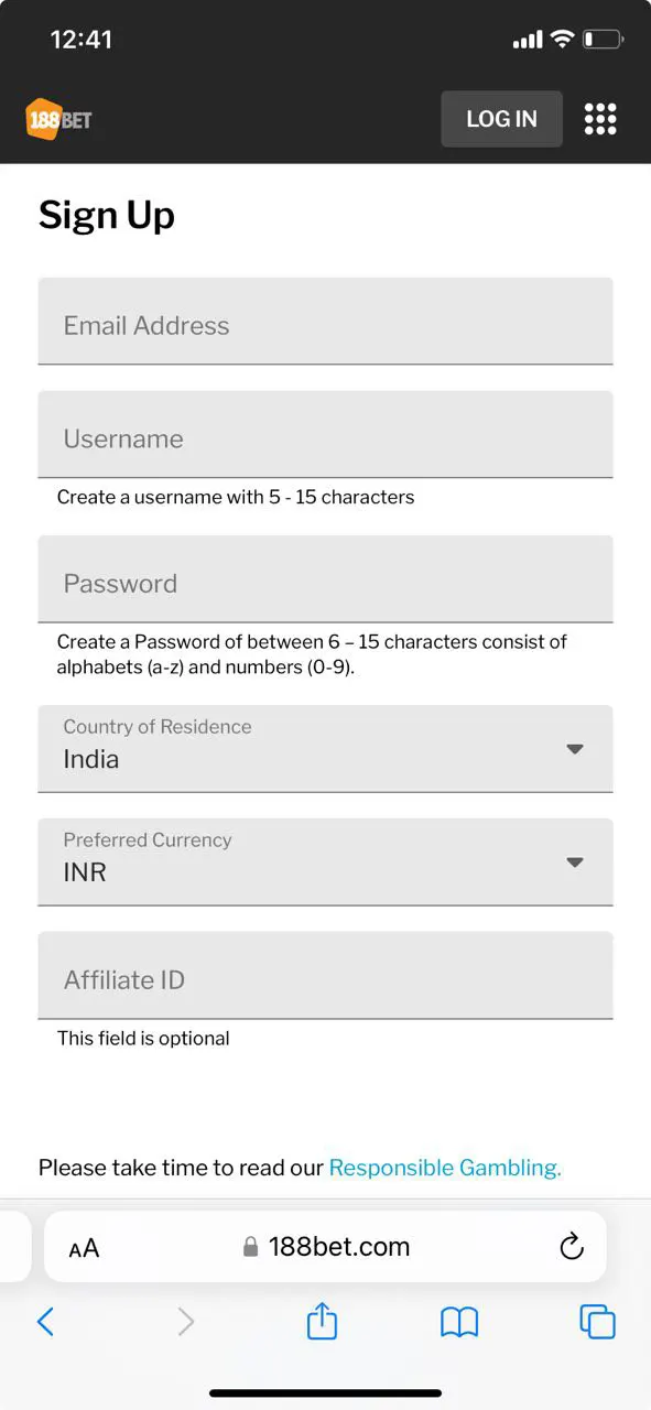 Complete a simple registration on the 188bet.