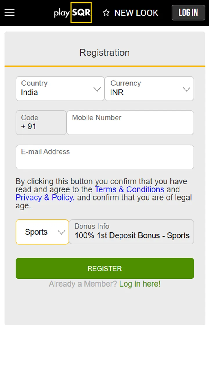 Registration in the PlaySQR app.