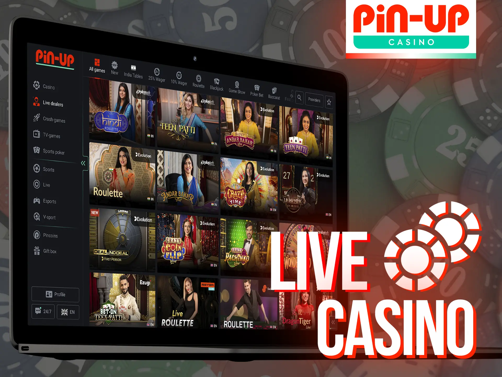 Pin-Up's Live Casino section allows you to play with live dealers and other players.