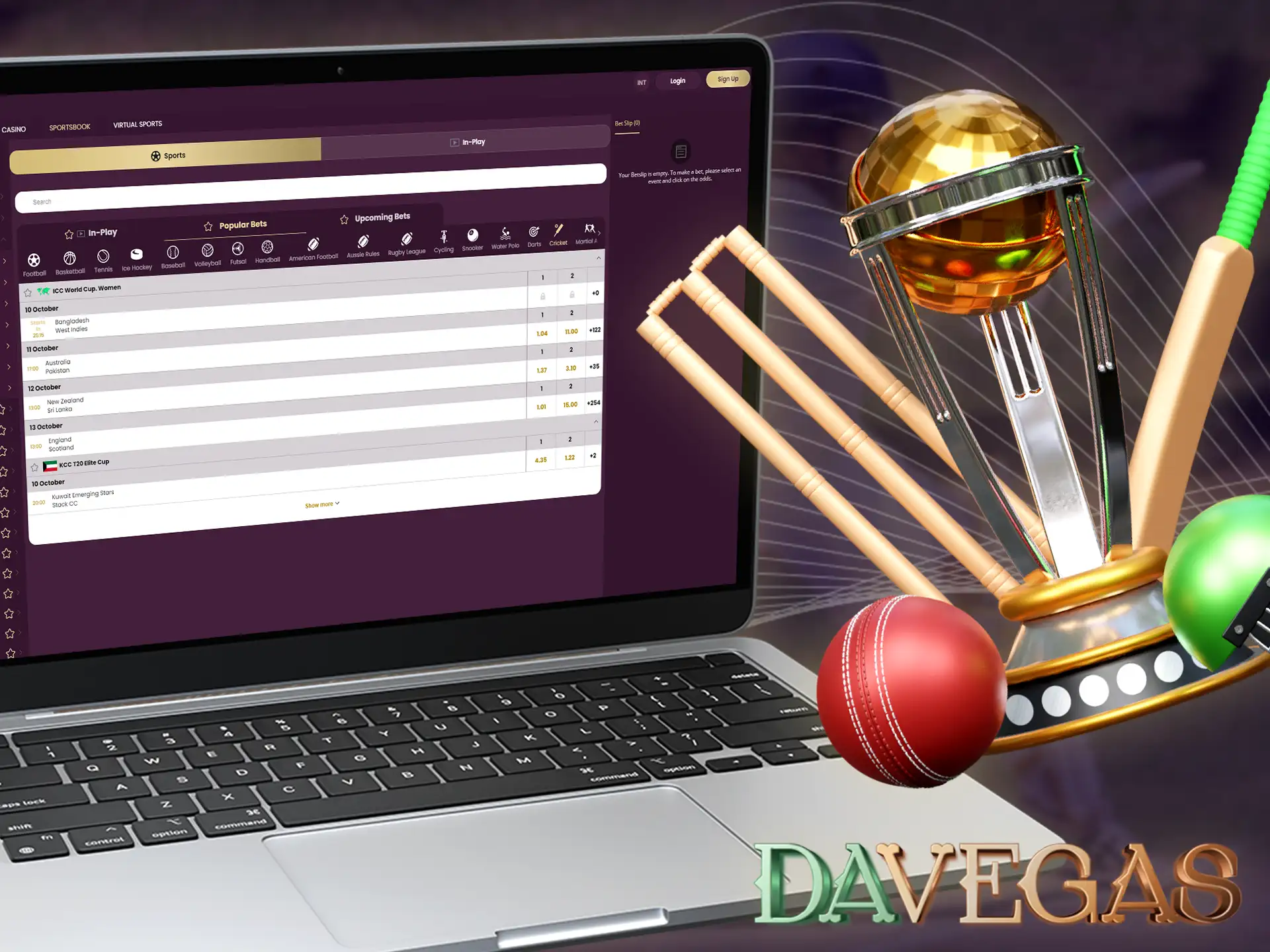 Place your bets on popular cricket events at Davegas.