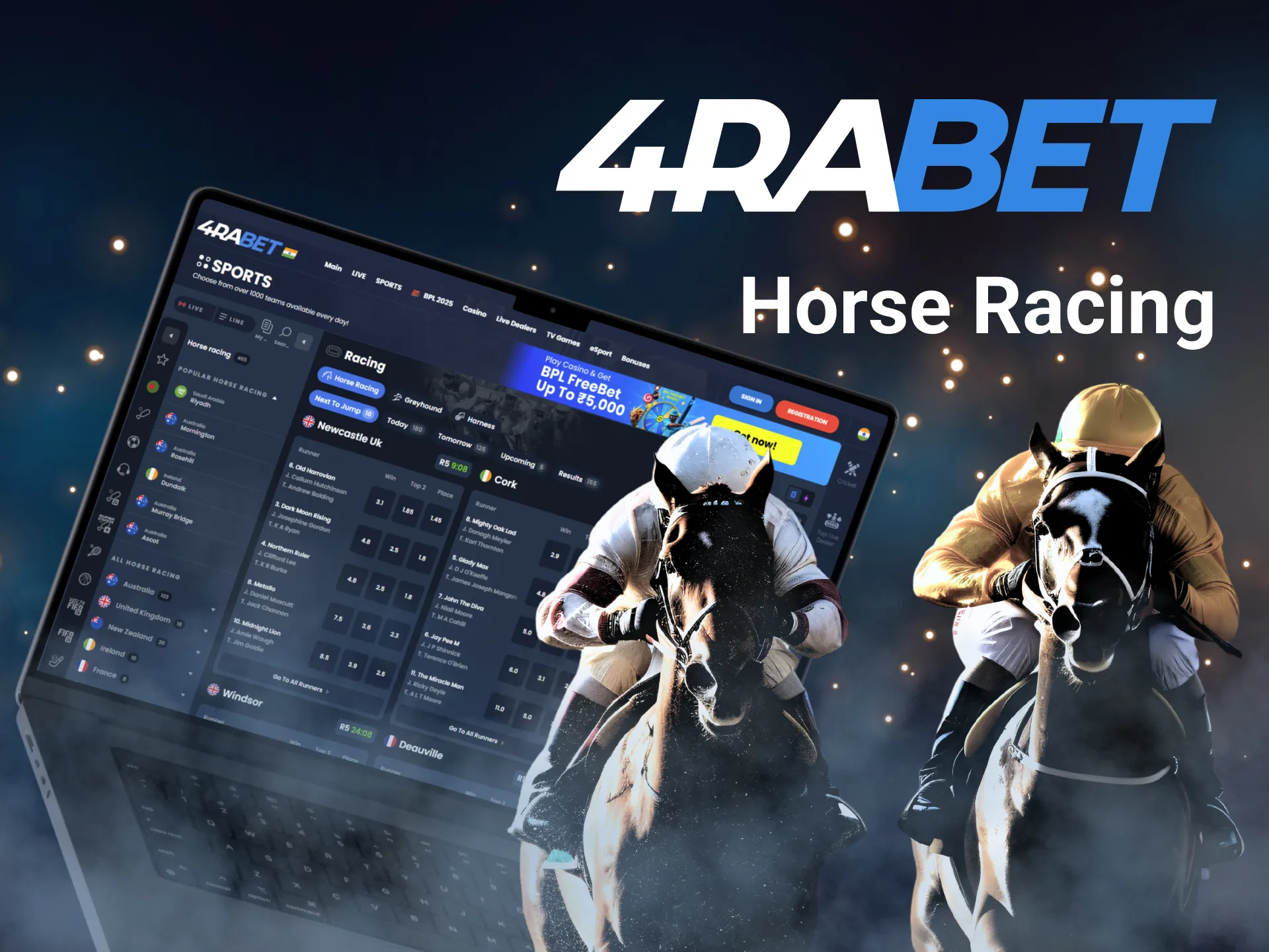 Bet on the horse racing at 4Rabet in India.