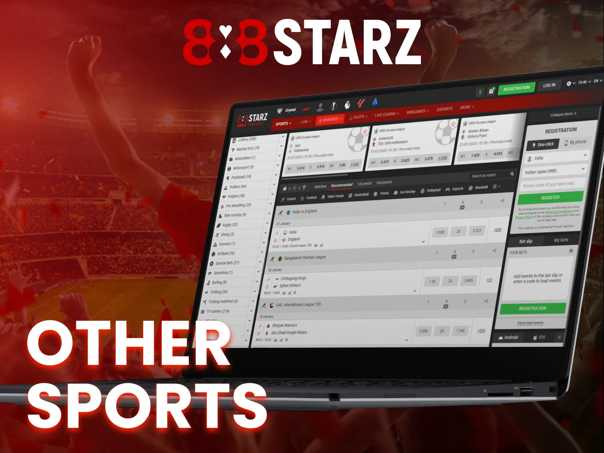 888Starz offers a wide variety of sports for wagering.