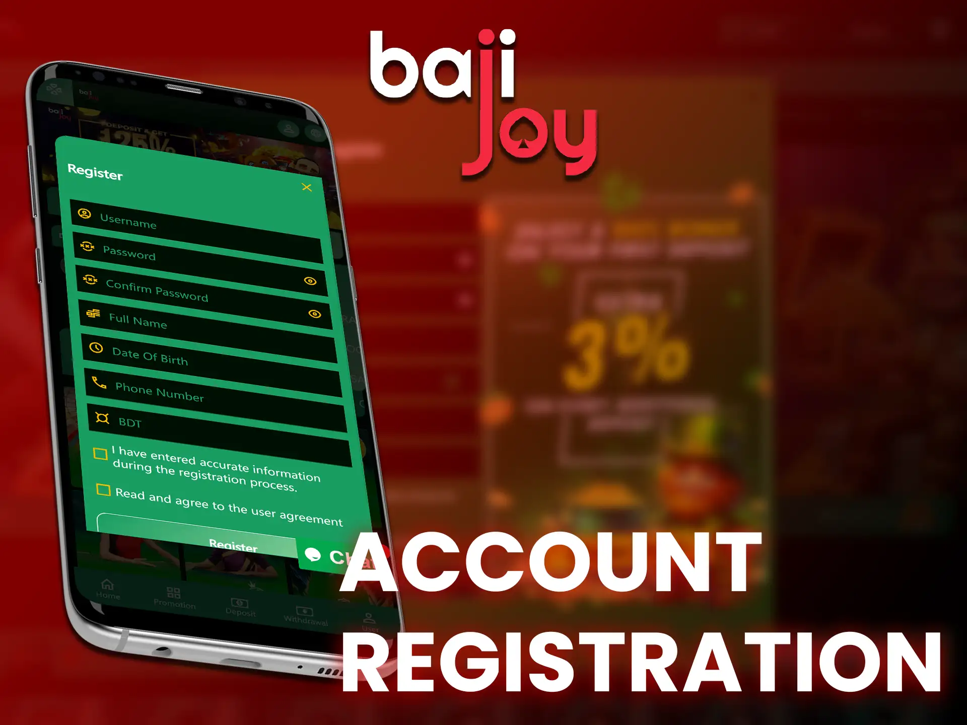 Register on the Bajijoy platform using your mobile device to access all features.