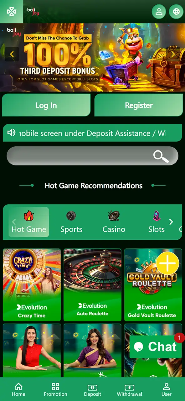 Bajijoy casino home page.