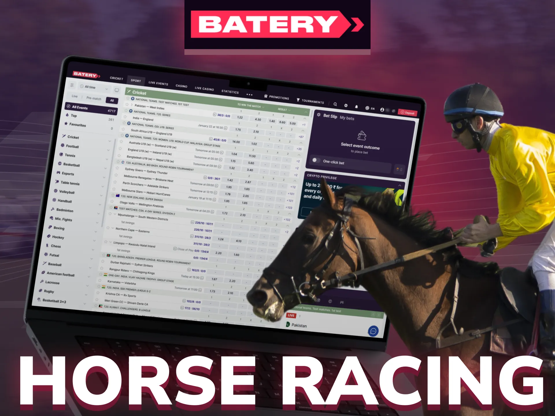 You can bet on horse racing at Batery.