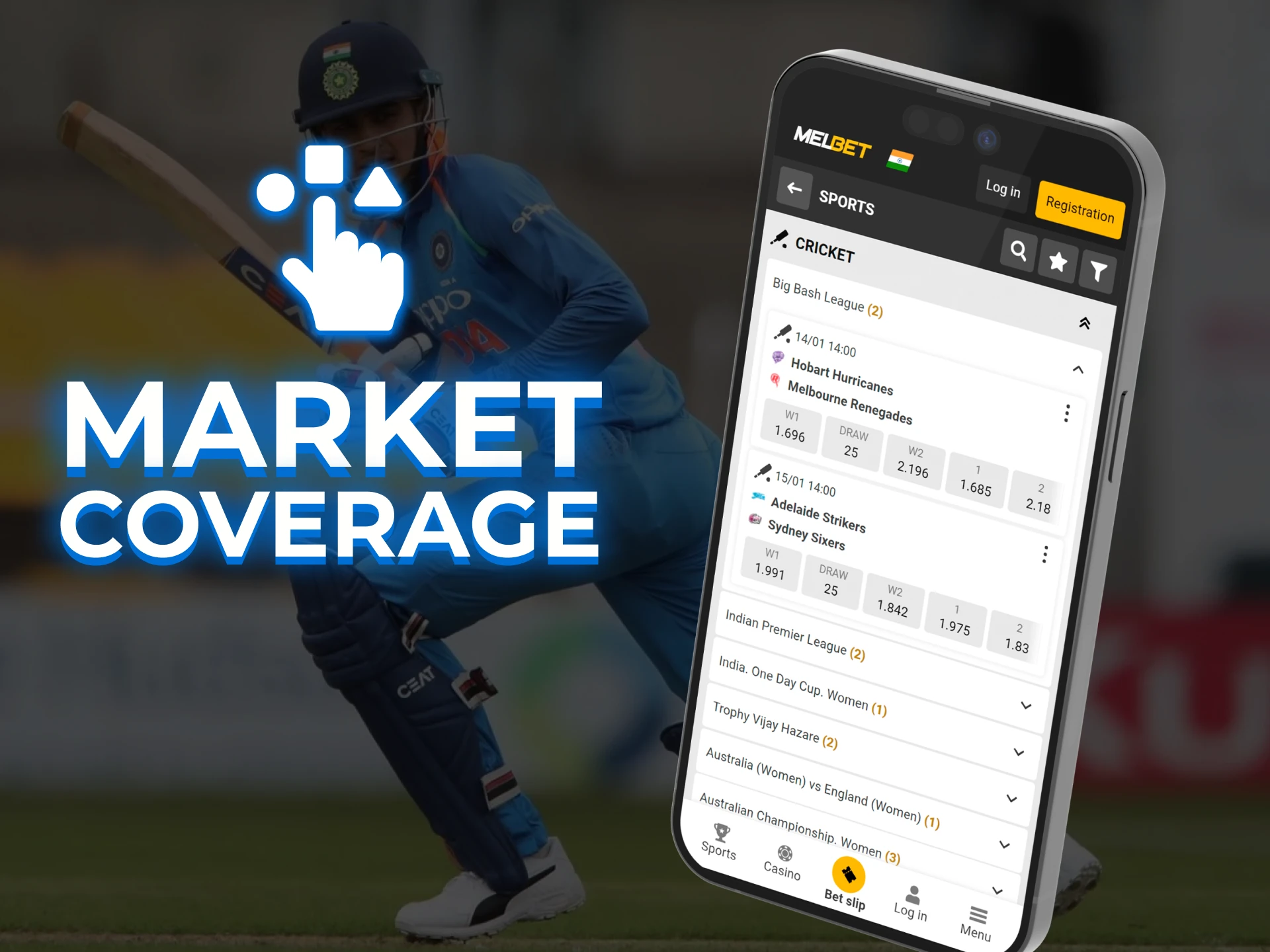 Betting apps with a wide range of cricket events.