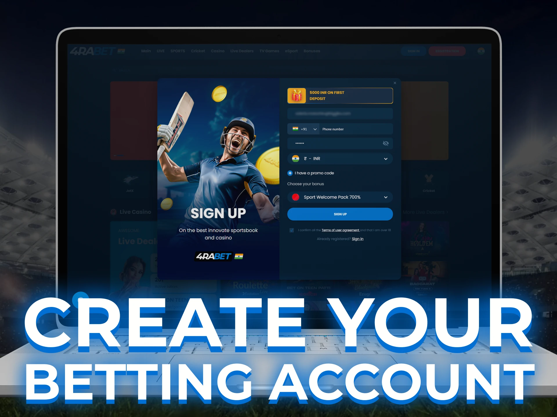 Create an account on the site to place a bet on cricket.