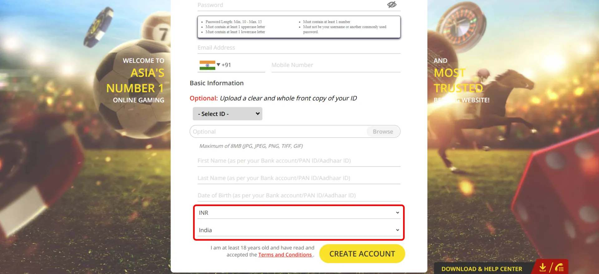 When registering an account with Dafabet, select your preferred currency and country.