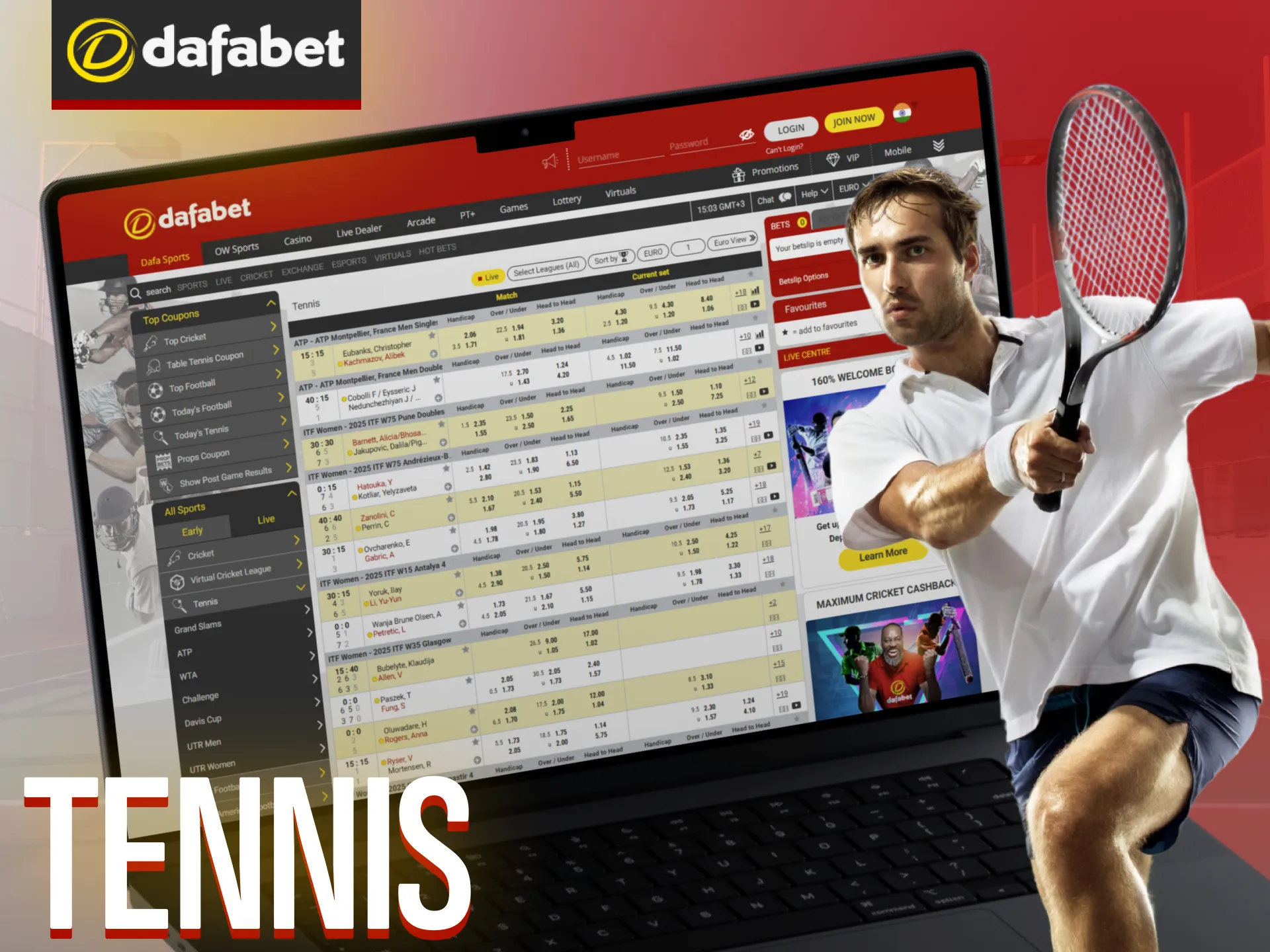 Dafabet's official betting platform enables customers to place bets on tennis matches.