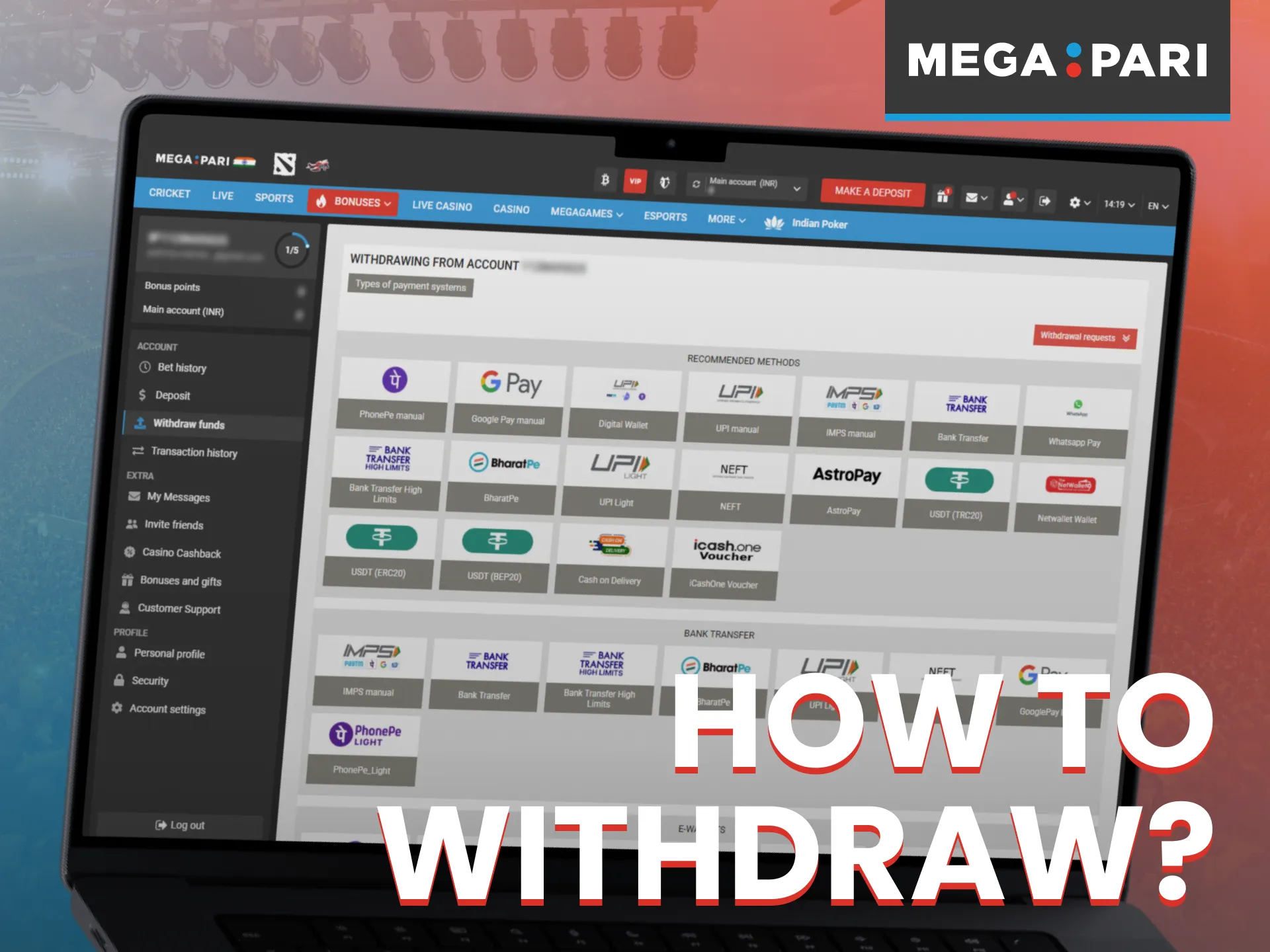 You can effortlessly withdraw your funds from your Megapari account.