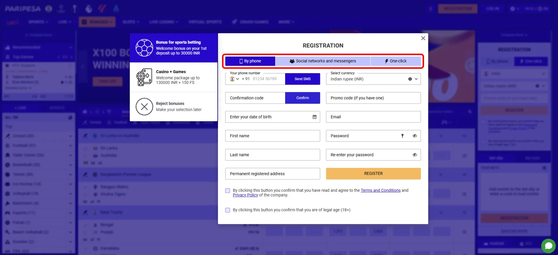 Choose how to register on the Paripesa website.