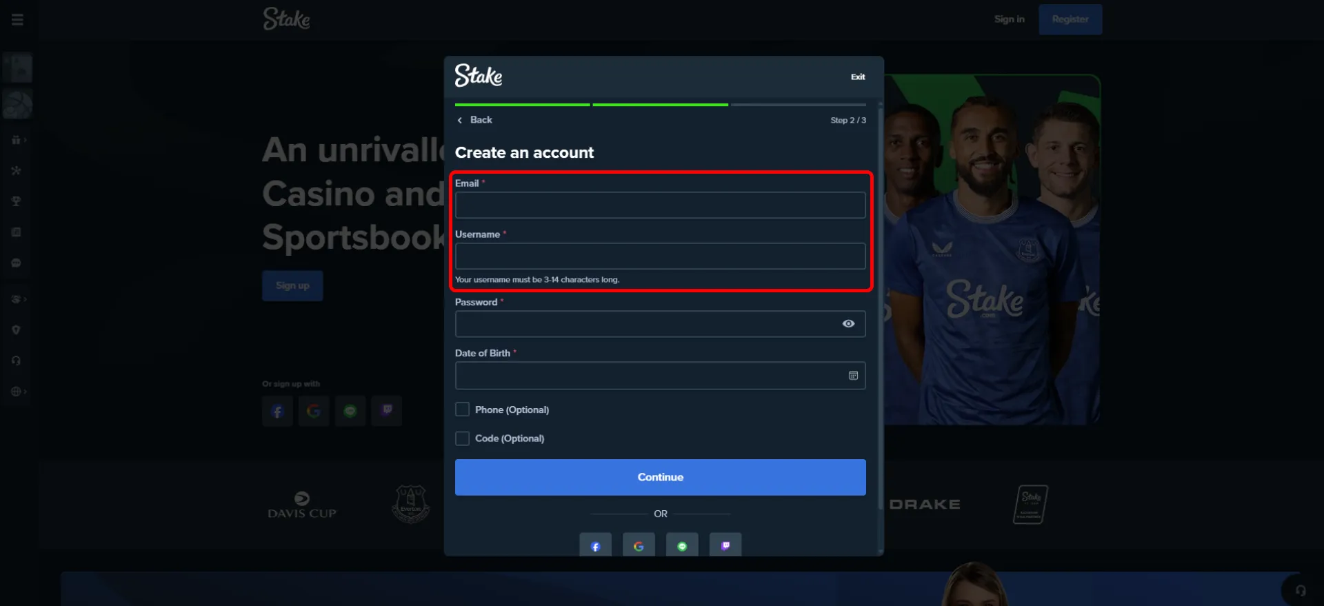 Enter your email address and username to register on Stake.